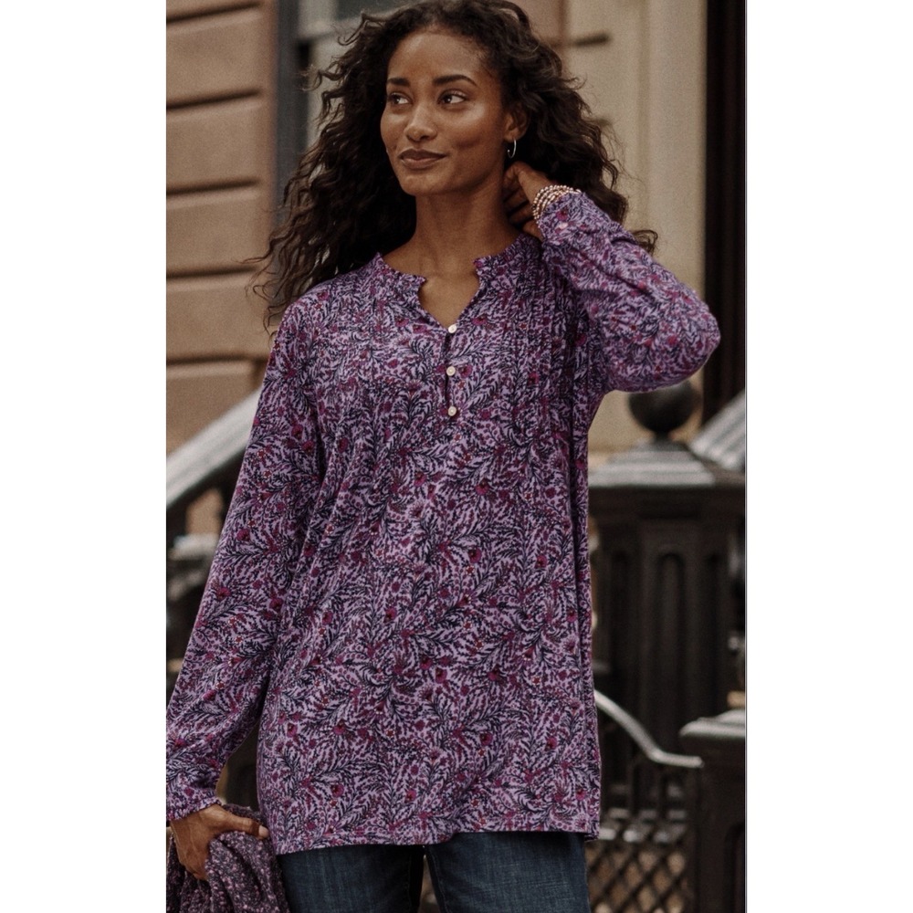 J. Jill XL Purple Floral Pintuck Tunic Cotton Modal Knit Top Ruffle Henley